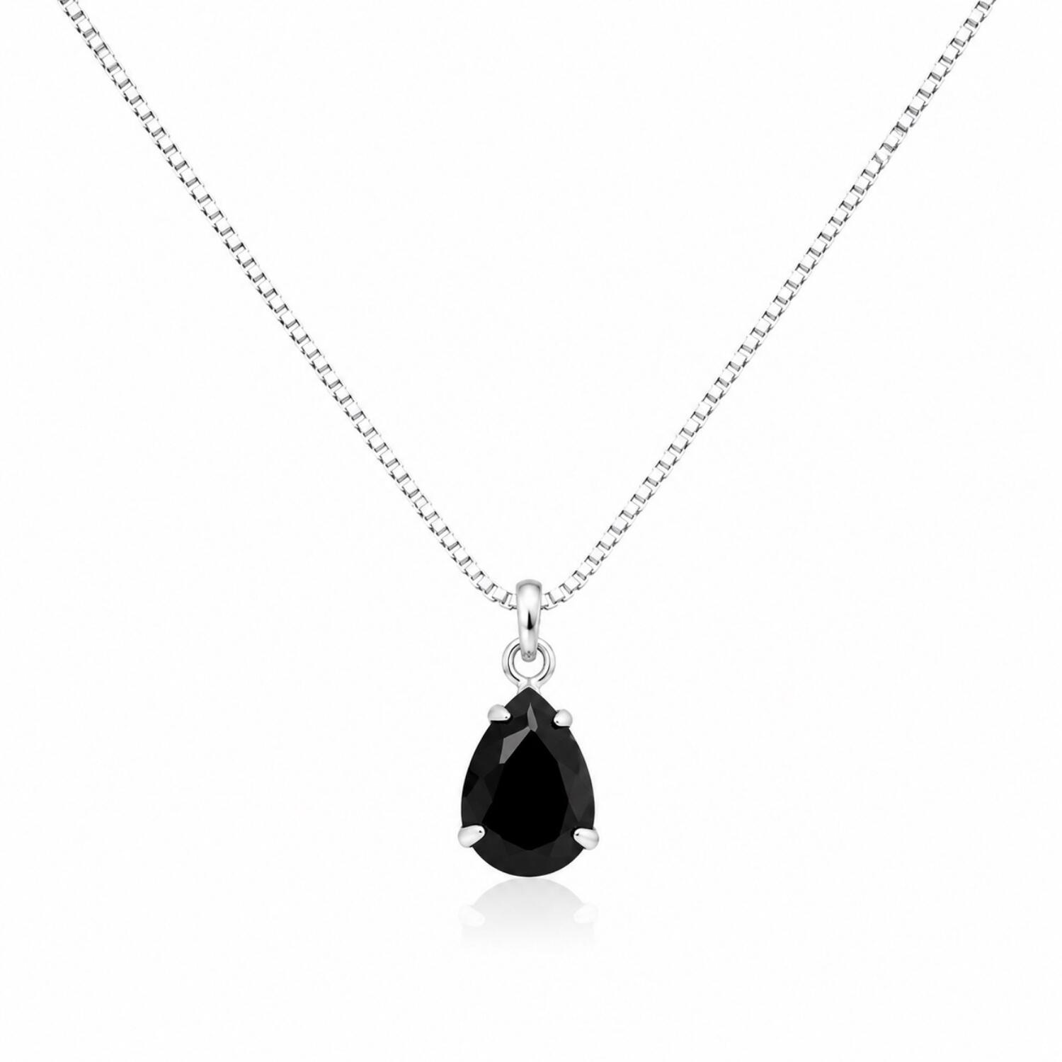 Colar com Gota Zircônia Negra Banhado a Prata