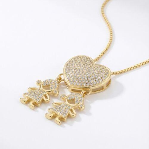 Colar Coração com 2 Meninas Micro Zircônia Cristal Banhado a Ouro