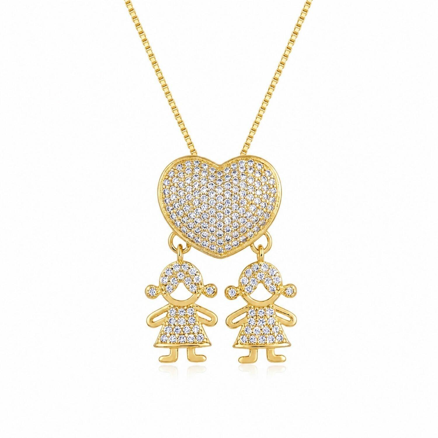 Colar Coração com 2 Meninas Micro Zircônia Cristal Banhado a Ouro
