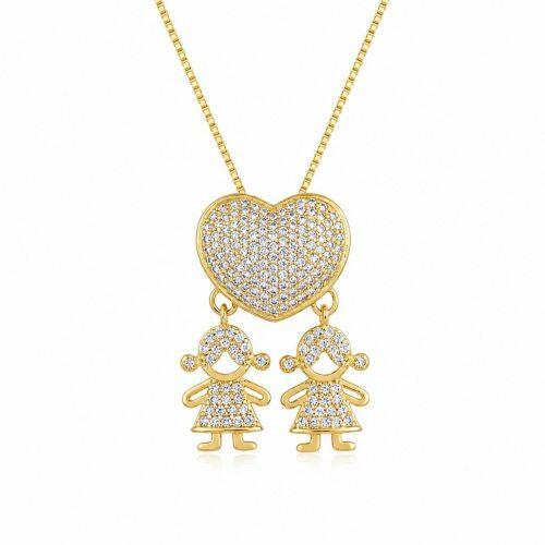 Colar Cora��o com 2 Meninas Micro Zirc�nia Cristal Banhado a Ouro