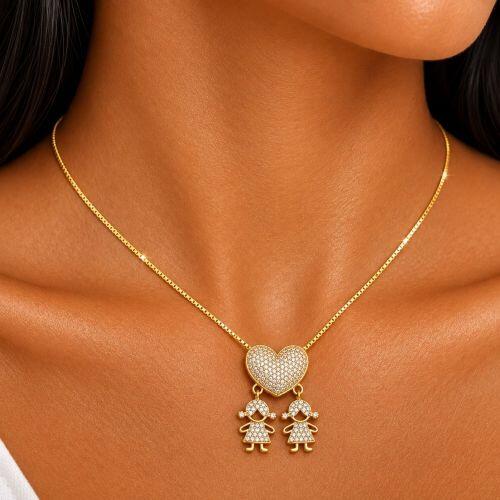 Colar Cora��o com 2 Meninas Micro Zirc�nia Cristal Banhado a Ouro