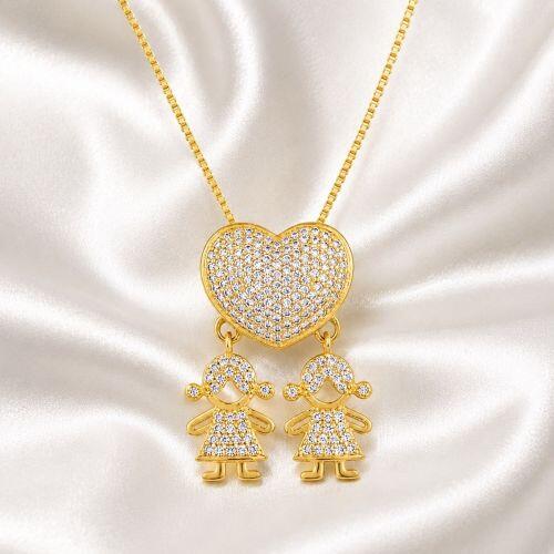 Colar Coração com 2 Meninas Micro Zircônia Cristal Banhado a Ouro