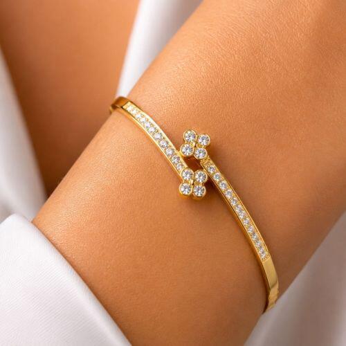 Bracelete Fechado com Flor Zirc�nia Cristal Banhado a Ouro