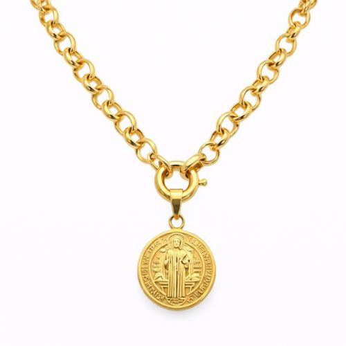 Colar Elo Português 0.6 cm com São Bento Banhado a Ouro
