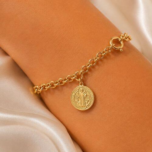 Pulseira Elo Portugu�s 0.6 cm com S�o Bento Banhado a Ouro