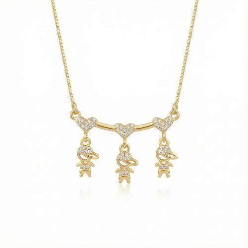 Colar Cora��es com 3 Meninos Micro Zirc�nia Cristal Banhado a Ouro