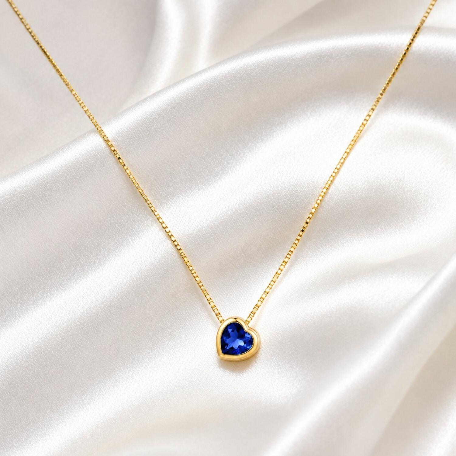 Colar Coração Zircônia Azul Safira Banhado a Ouro