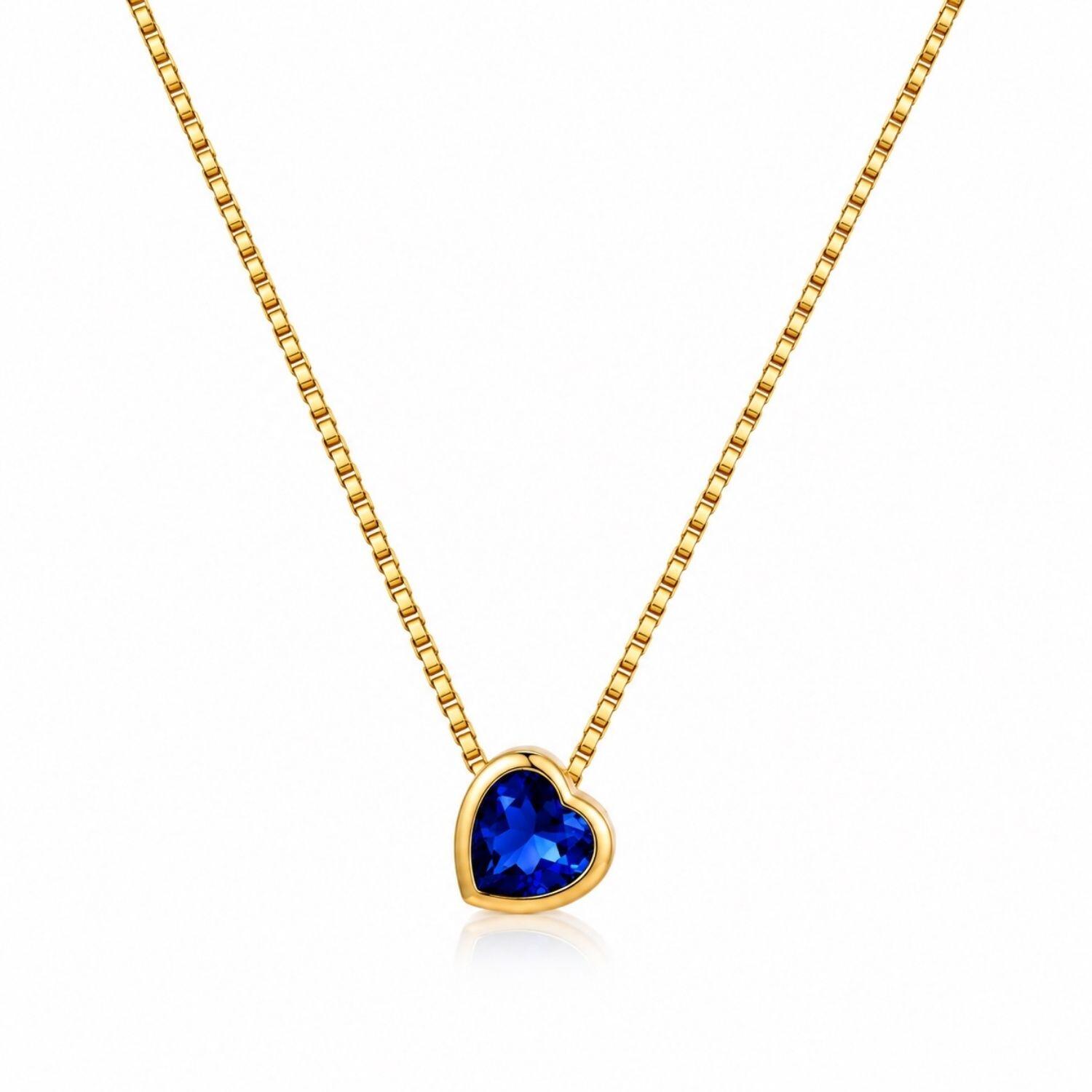 Colar Coração Zircônia Azul Safira Banhado a Ouro