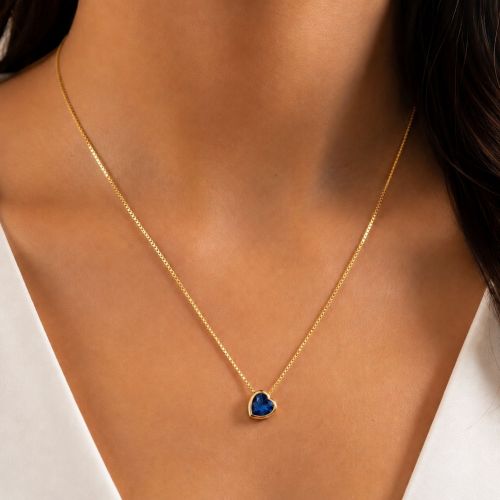 Colar Cora��o Zirc�nia Azul Safira Banhado a Ouro