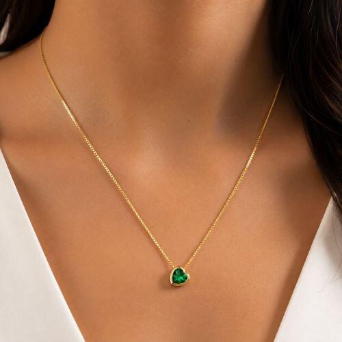 Colar Cora��o Zirc�nia Esmeralda Banhado a Ouro