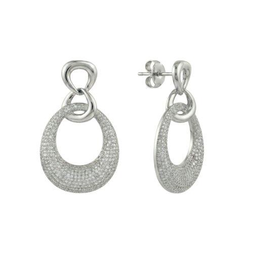 Brinco Elos Entrelaçados e Oval Pavé Zircônia Cristal Banhado a Prata