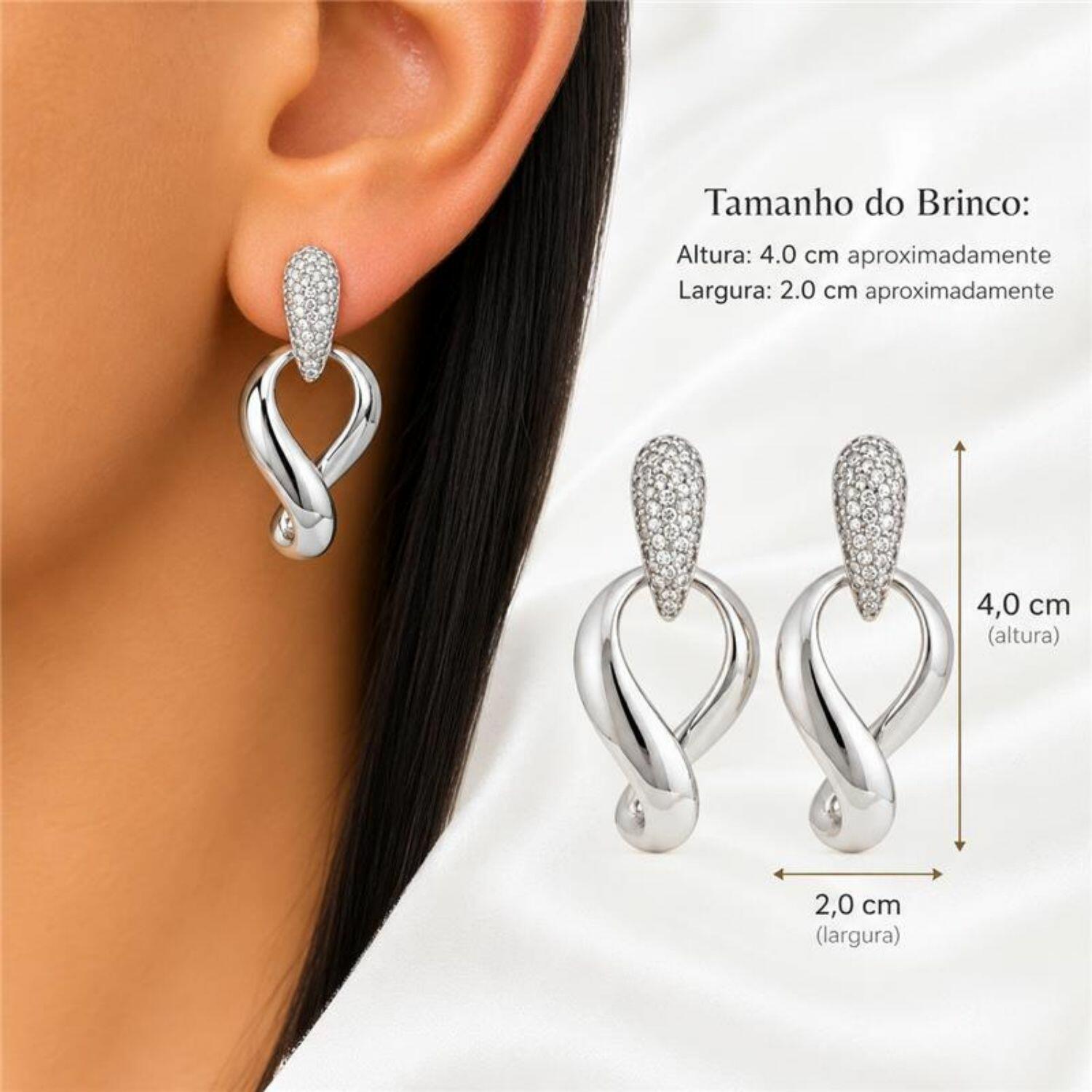 Brinco Gota Zircônia Cristal e Vazado Banhado a Prata