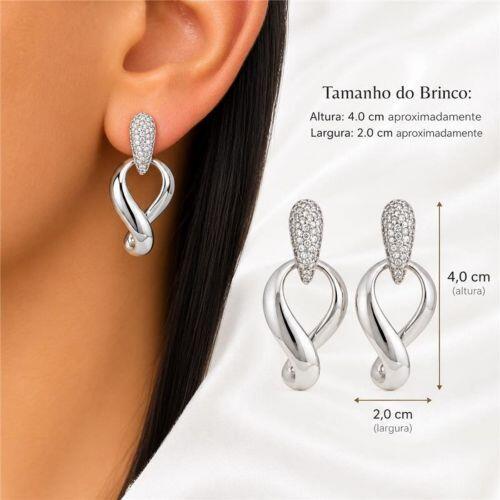 Brinco Gota Zircônia Cristal e Vazado Banhado a Prata