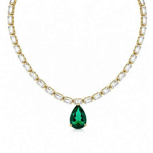 Choker Riviera Baguette Zirc�nia Cristal e Gota Zirc�nia Esmeralda Banhado a Ouro