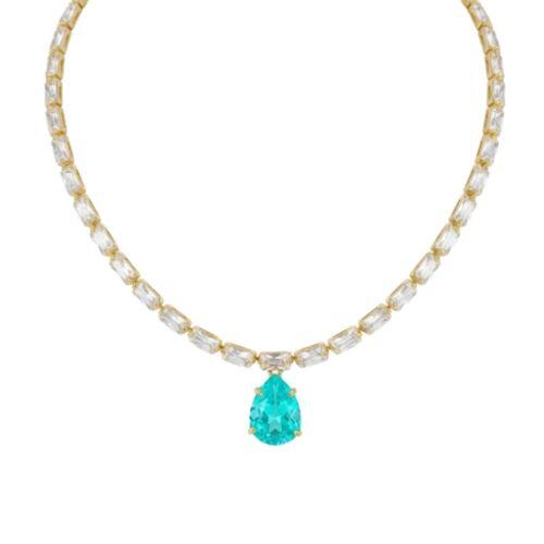 Choker Riviera Baguette Zirc�nia Cristal e Gota Zirc�nia Turmalina Para�ba Banhado a Ouro