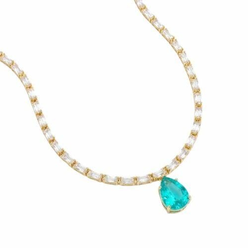 Choker Riviera Baguette Zirc�nia Cristal e Gota Zirc�nia Turmalina Para�ba Banhado a Ouro