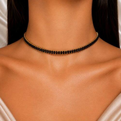 Choker Riviera Baguette Zirc�nia Negra Banhado a Ouro