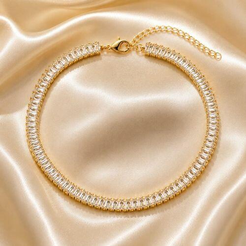 Choker Riviera Baguette Zirc�nia Cristal Banhado a Ouro