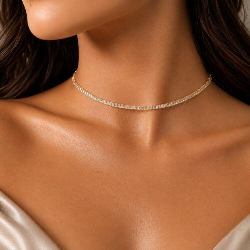 Choker Riviera Baguette Zircônia Cristal Banhado a Ouro