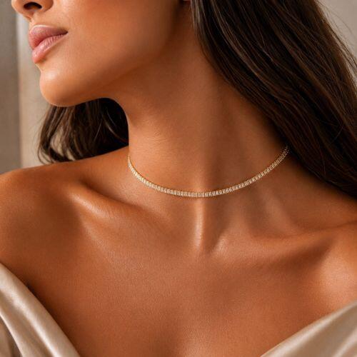 Choker Riviera Baguette Zircônia Cristal Banhado a Ouro