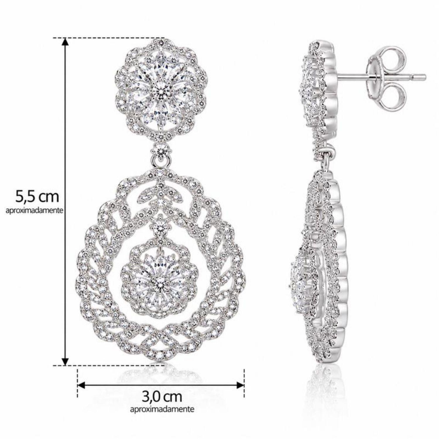 Brinco Luxury Flor com Gota Zircônia Cristal Banhado a Prata