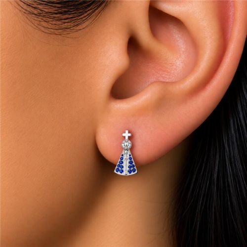 Brinco Mini Nossa Senhora Aparecida Micro Zircônia Azul Banhado a Prata