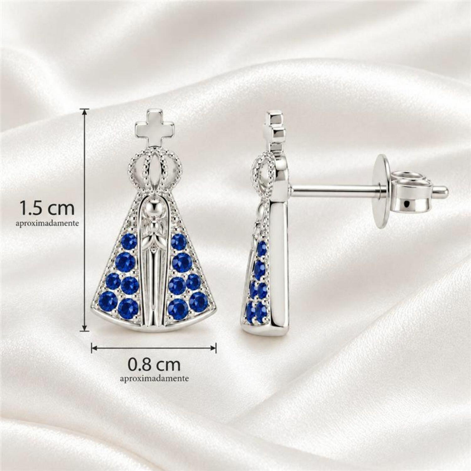Brinco Mini Nossa Senhora Aparecida Micro Zircônia Azul Banhado a Prata