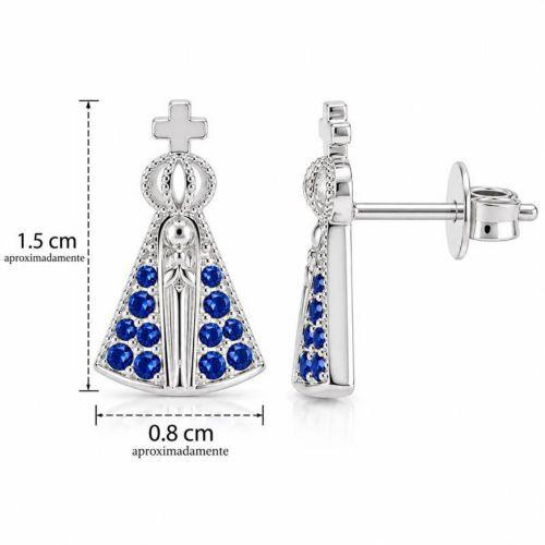 Brinco Mini Nossa Senhora Aparecida Micro Zircônia Azul Banhado a Prata