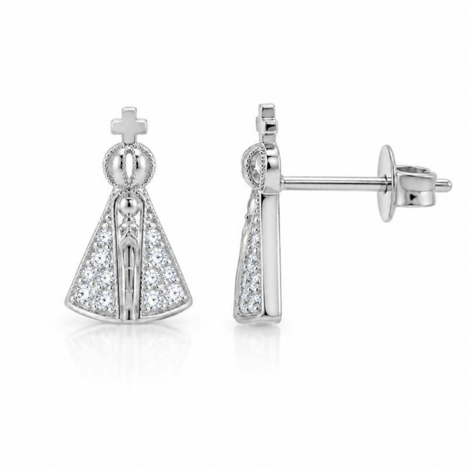 Brinco Mini Nossa Senhora Aparecida Micro Zircônia Cristal Banhado a Prata