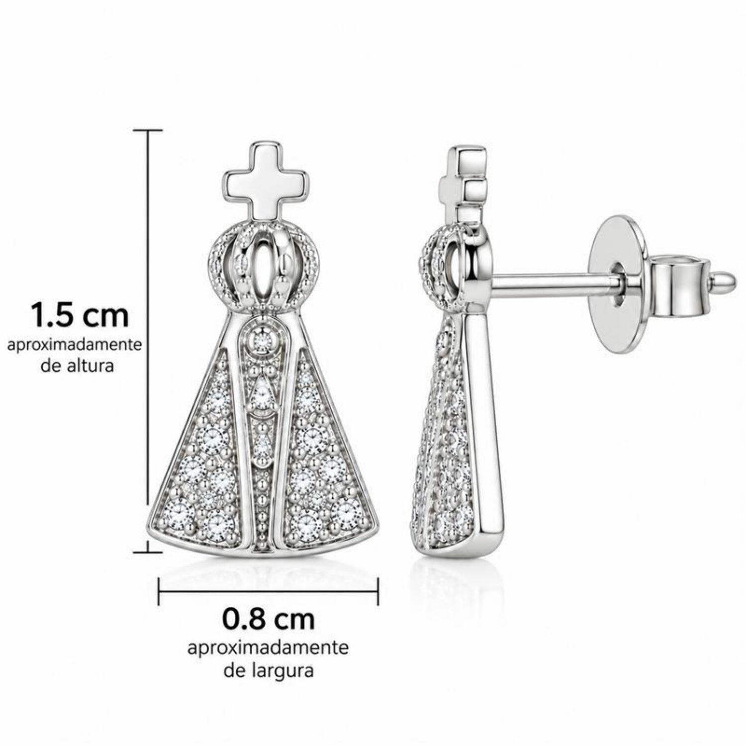 Brinco Mini Nossa Senhora Aparecida Micro Zircônia Cristal Banhado a Prata