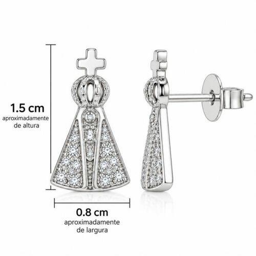 Brinco Mini Nossa Senhora Aparecida Micro Zircônia Cristal Banhado a Prata