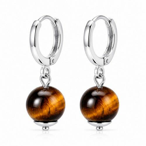 Brinco Argola Pedra Natural Olho de Tigre Banhado a Prata