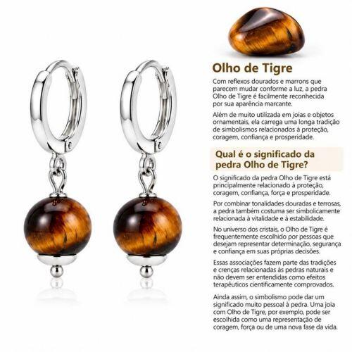Brinco Argola Pedra Natural Olho de Tigre Banhado a Prata