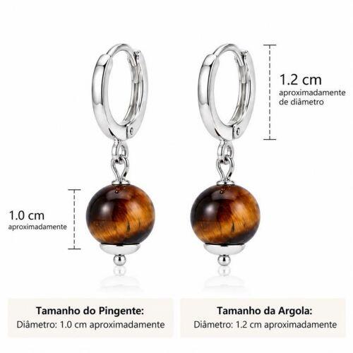 Brinco Argola Pedra Natural Olho de Tigre Banhado a Prata