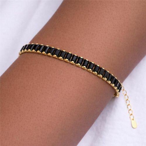 Pulseira Riviera Baguette Zircônia Negra Banhado a Ouro