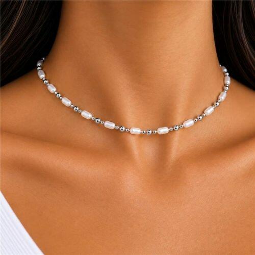 Choker Pérola com Bola Lisa Banhado a Prata