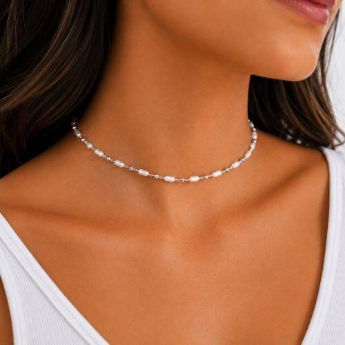 Choker P�rola com Bola Lisa Banhado a Prata
