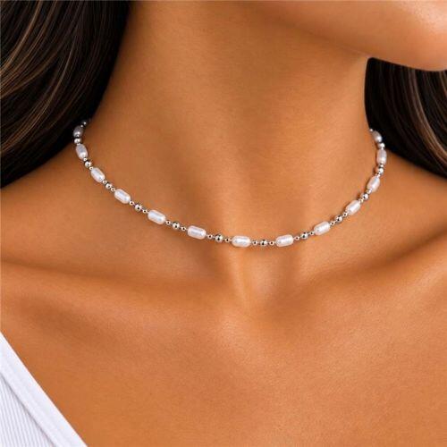 Choker Pérola com Bola Lisa Banhado a Prata