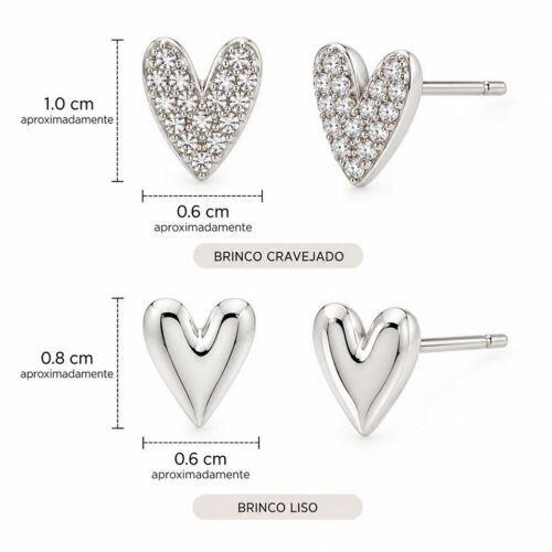 Brinco Duplo Coração Alongado Micro Zircônia Cristal Banhado a Prata