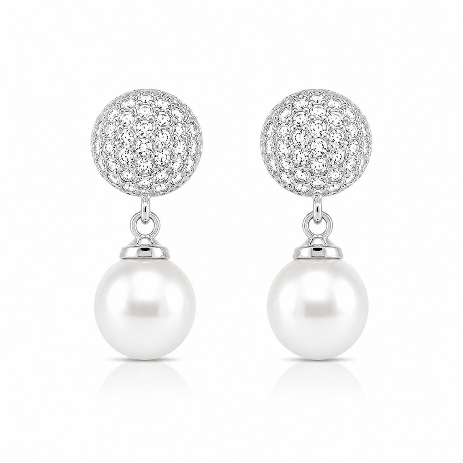 Brinco Meia Bola Micro Zircônia Cristal com Pérola Banhado a Prata