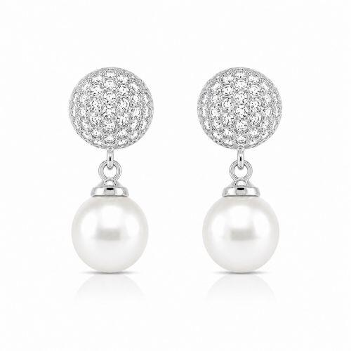 Brinco Meia Bola Micro Zircônia Cristal com Pérola Banhado a Prata