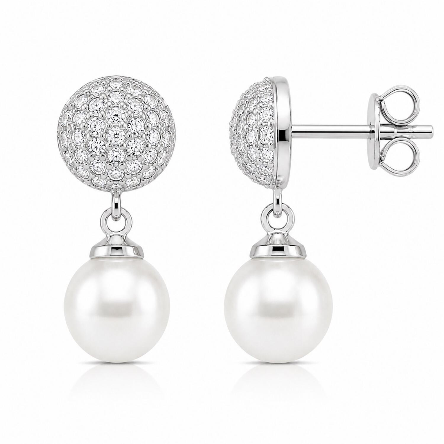 Brinco Meia Bola Micro Zircônia Cristal com Pérola Banhado a Prata
