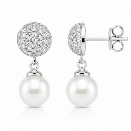 Brinco Meia Bola Micro Zirc�nia Cristal com P�rola Banhado a Prata