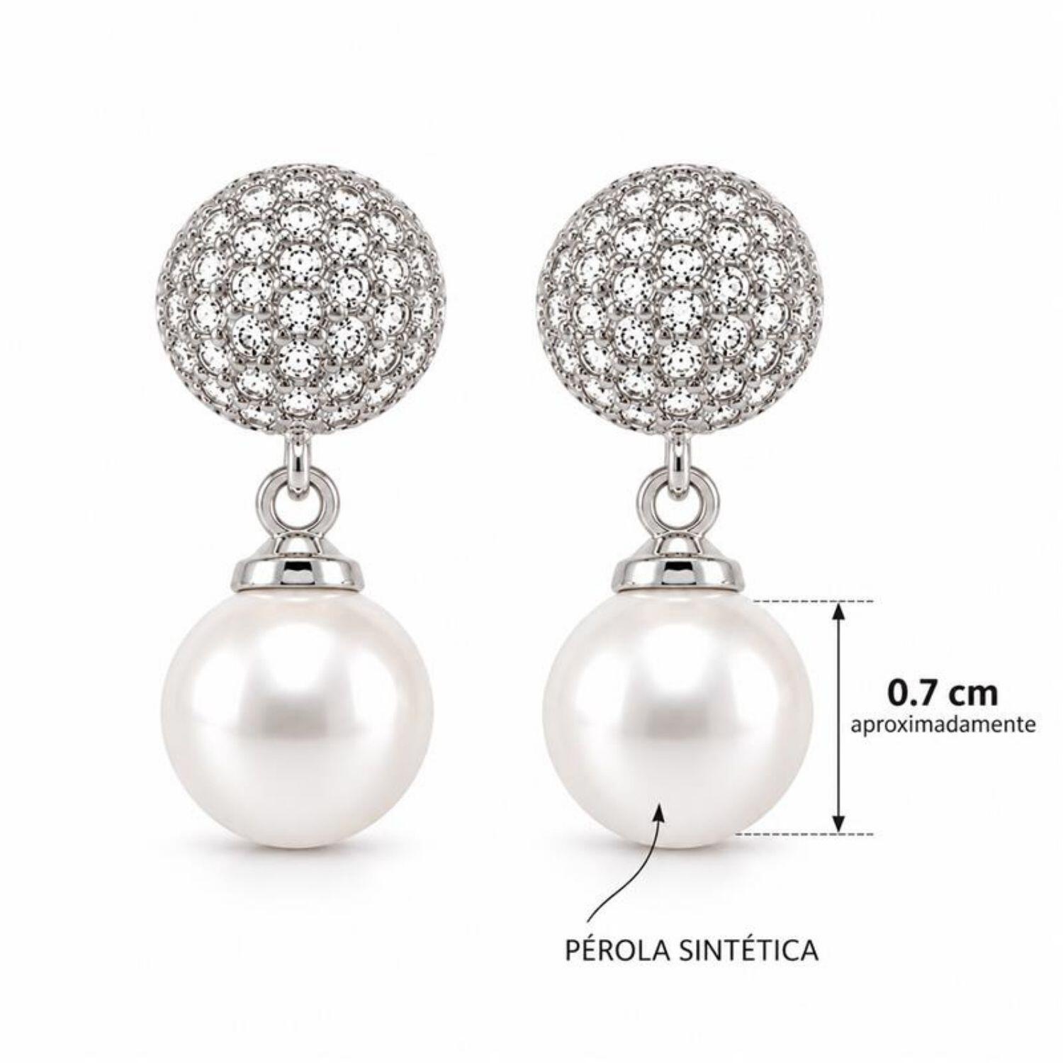 Brinco Meia Bola Micro Zircônia Cristal com Pérola Banhado a Prata