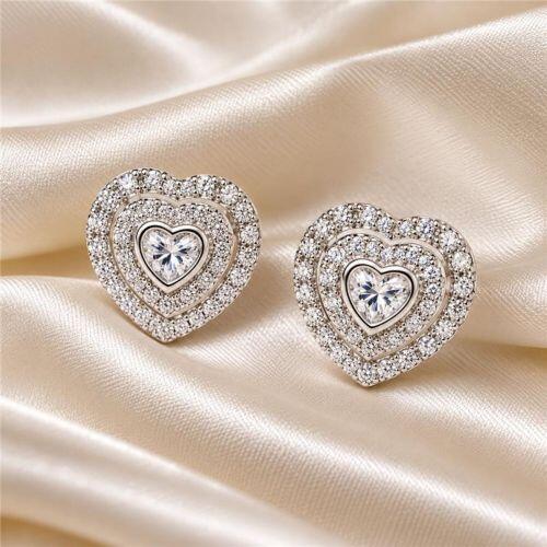 Brinco Cora��o com 2 Fileiras Zirc�nia Cristal Banhado a Prata