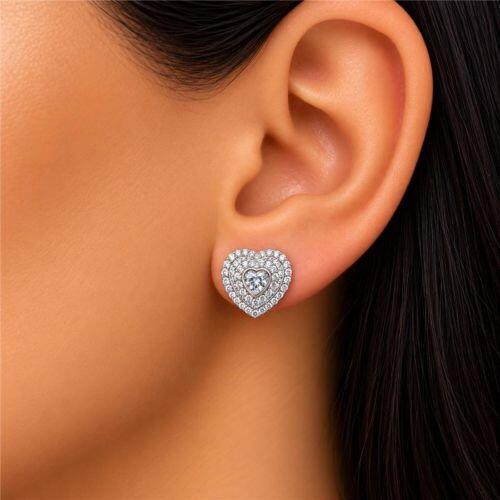 Brinco Coração com 2 Fileiras Zircônia Cristal Banhado a Prata