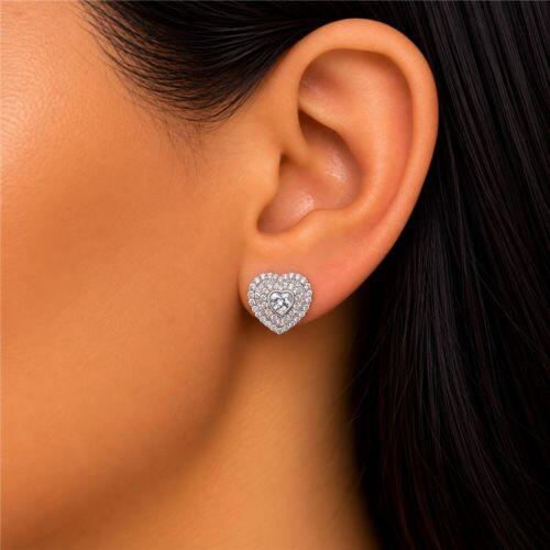 Brinco Coração com 2 Fileiras Zircônia Cristal Banhado a Prata