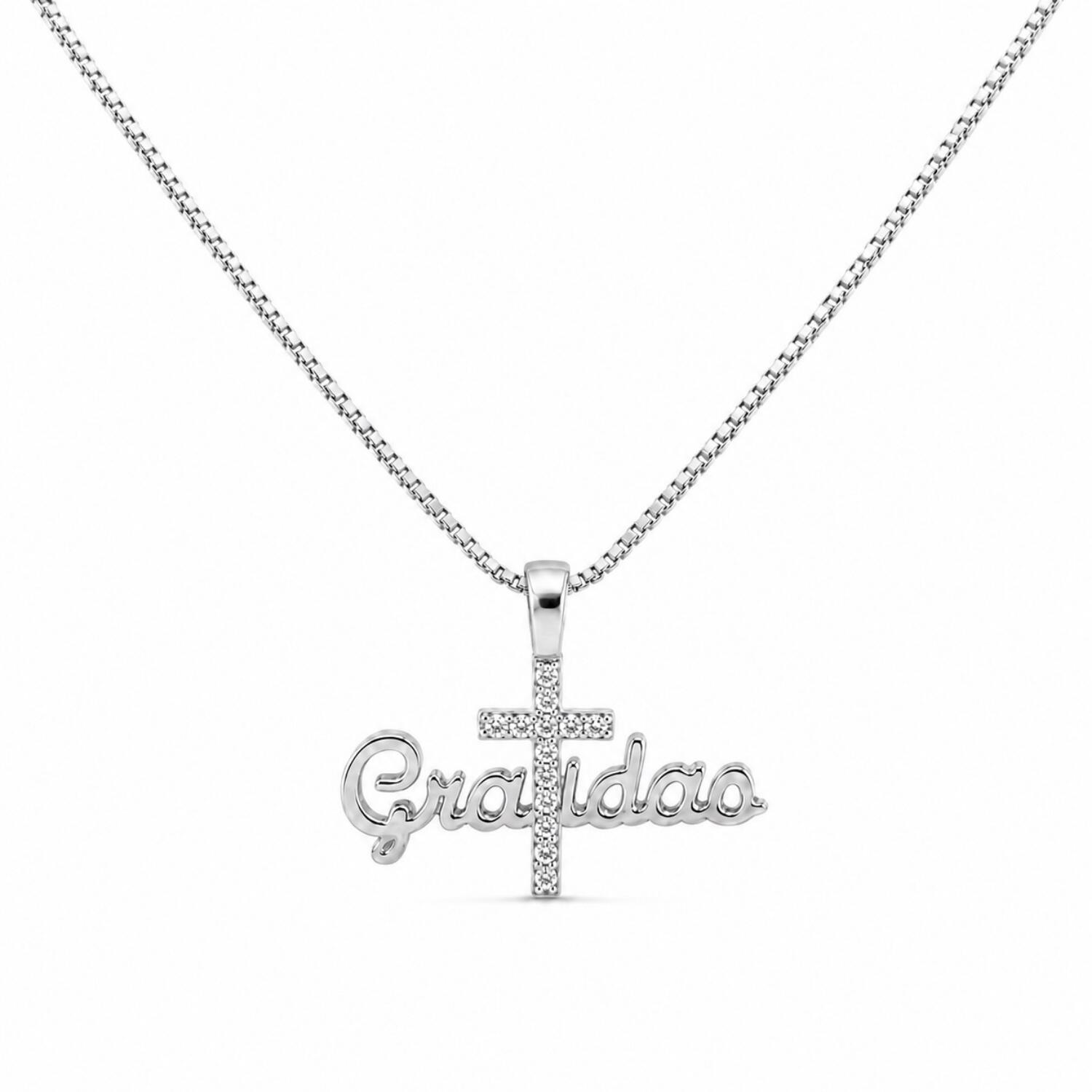 Colar Gratidão com Cruz Micro Zircônia Cristal Banhado a Prata
