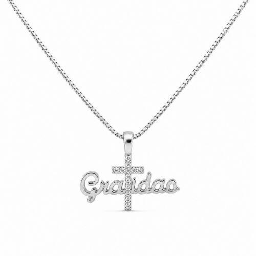Colar Gratidão com Cruz Micro Zircônia Cristal Banhado a Prata