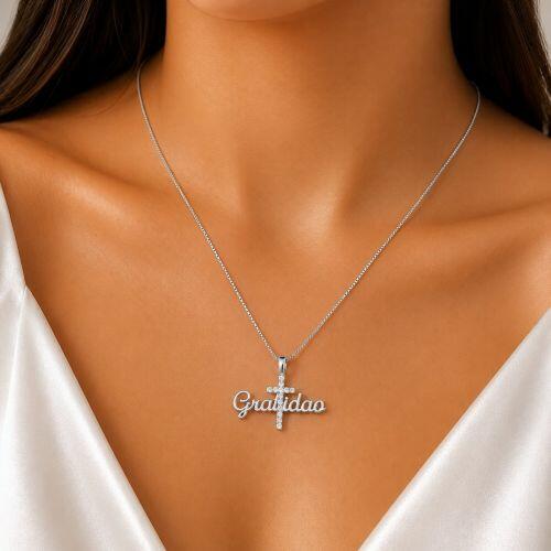 Colar Gratidão com Cruz Micro Zircônia Cristal Banhado a Prata